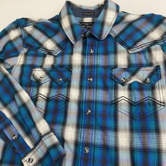 Cody James Regular Fit Western‎ Shirt Men's M Blue Plaid Sawtooth Pockets - Picture 1 of 7